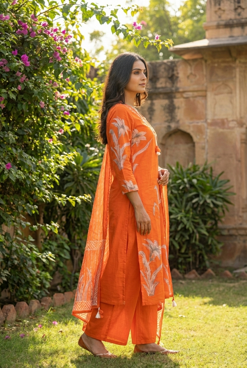 Neerus Orange cotton printed suit set - back view