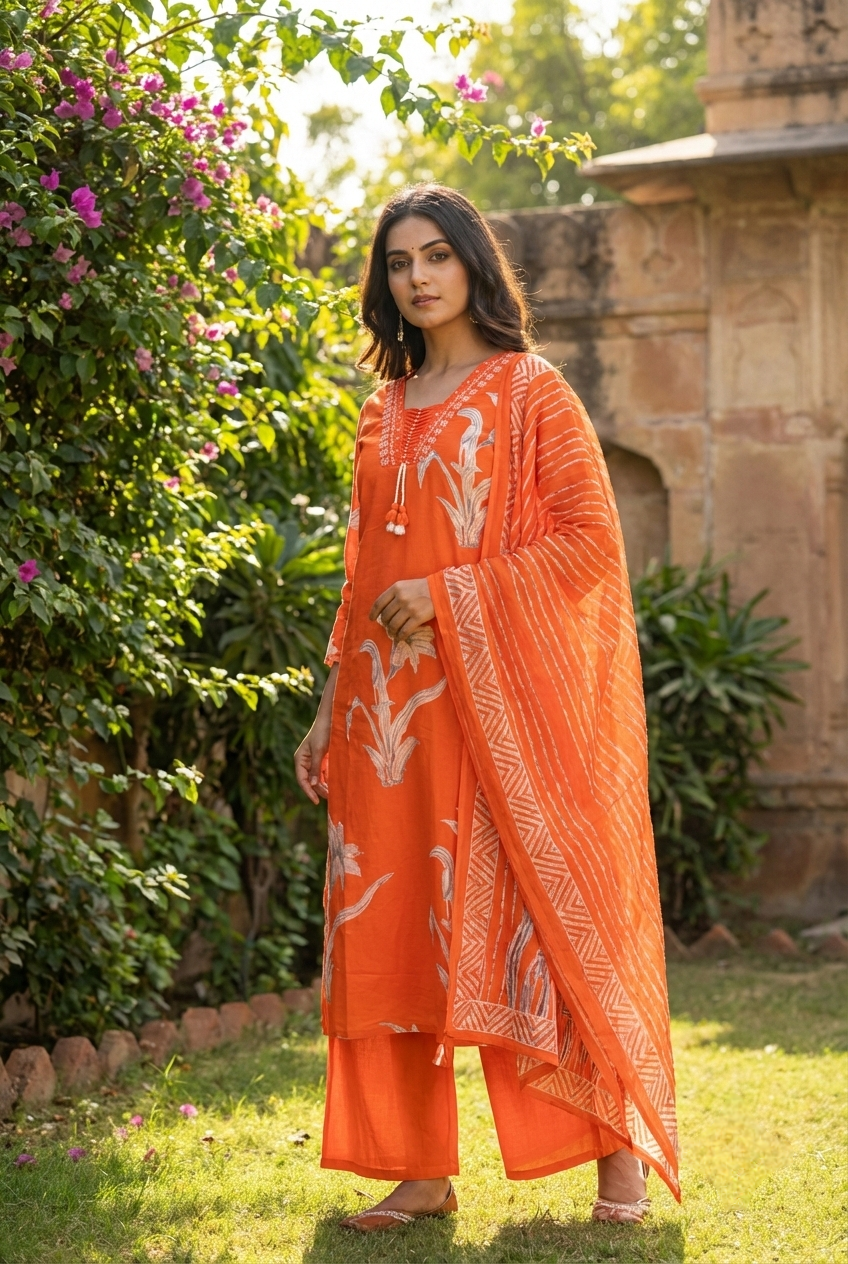 Neerus Orange cotton printed suit set - front view