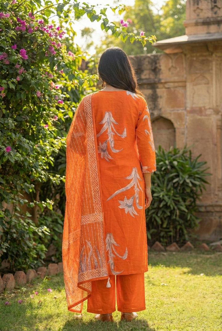 Neerus Orange cotton printed suit set - detail view 1