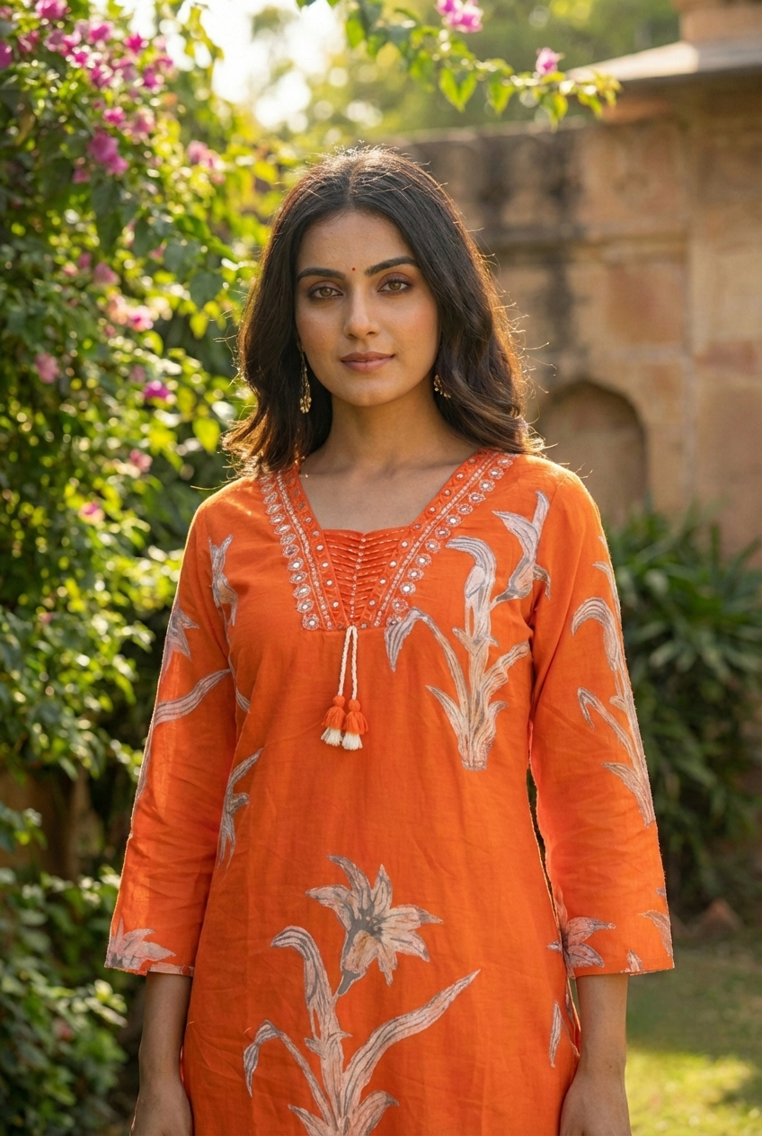 Neerus Orange cotton printed suit set - side view