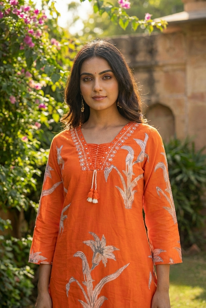 Neerus Orange cotton printed suit set - side view