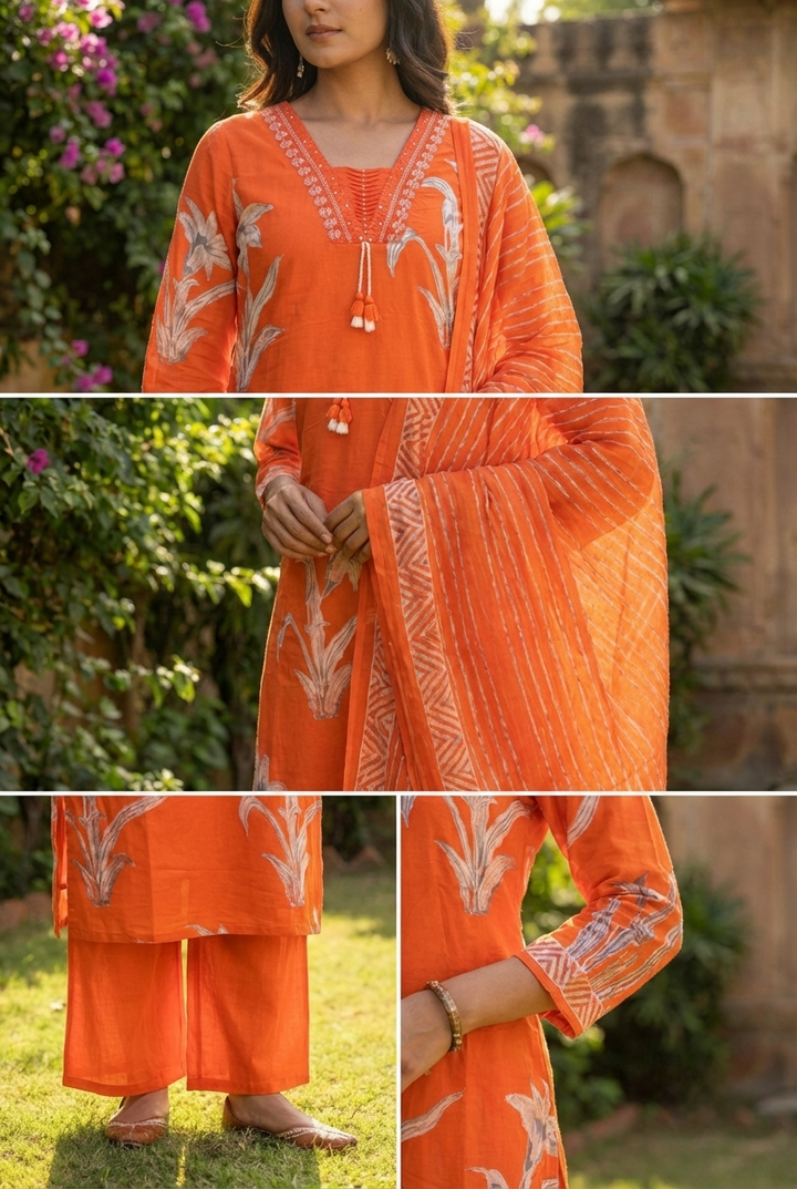Neerus Orange cotton printed suit set - detail view 2
