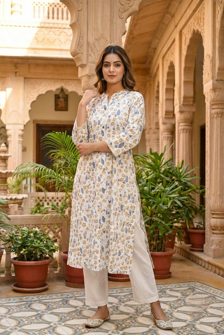 Neerus Blue cotton printed kurta set - front view