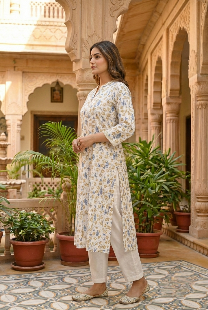 Neerus Blue cotton printed kurta set - back view