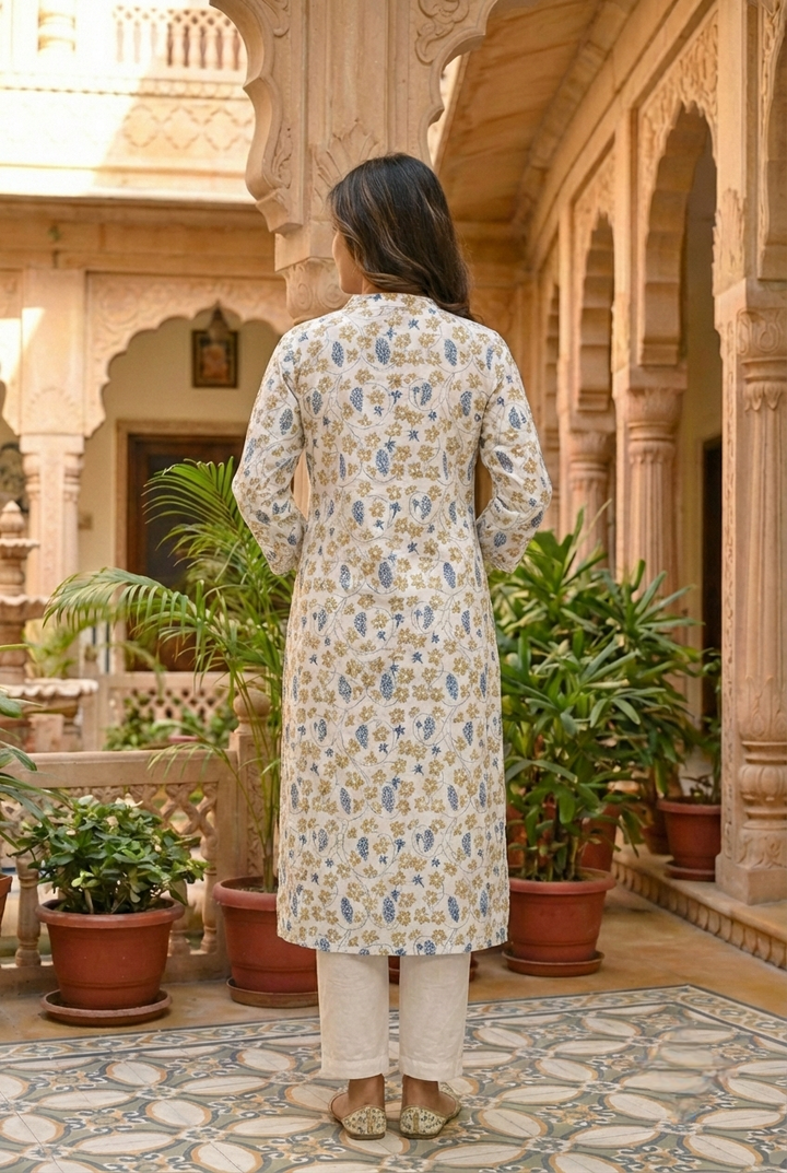 Neerus Blue cotton printed kurta set - side view