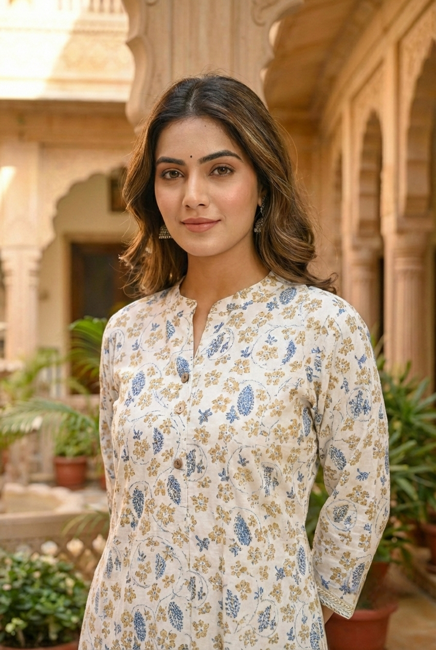 Neerus Blue cotton printed kurta set - detail view 1