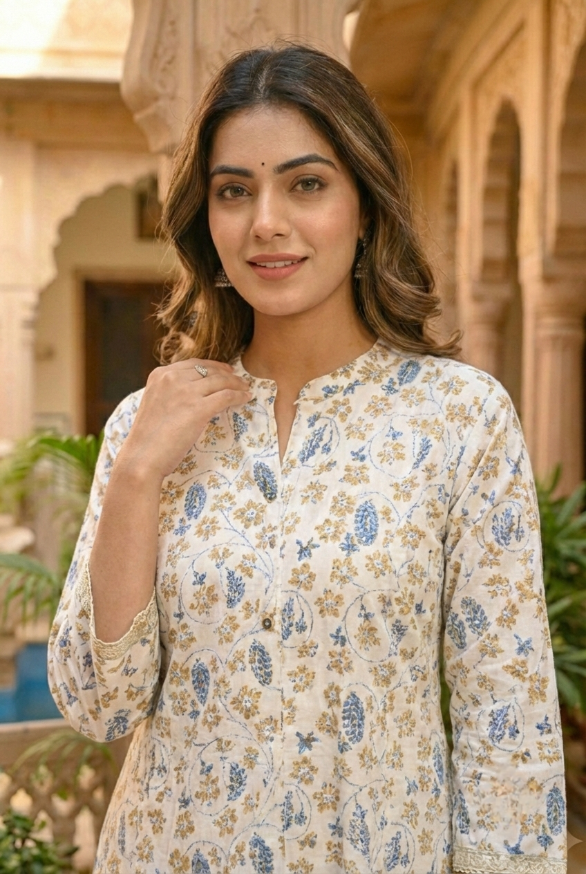 Neerus Blue cotton printed kurta set - detail view 3