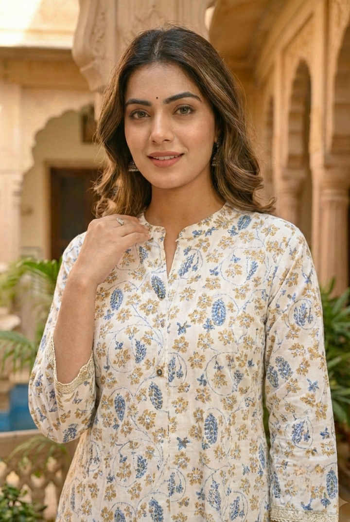 Neerus Blue cotton printed kurta set - detail view 3