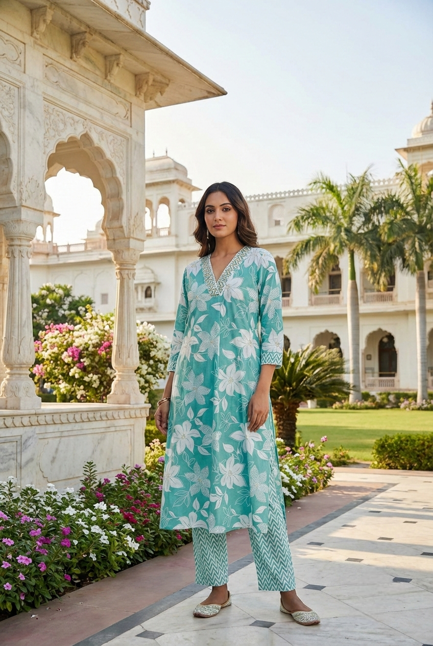 Neerus Green cotton printed kurta set - front view