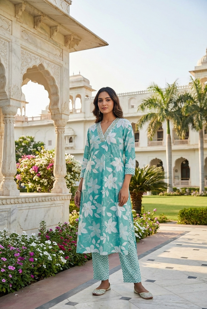 Neerus Green cotton printed kurta set - front view