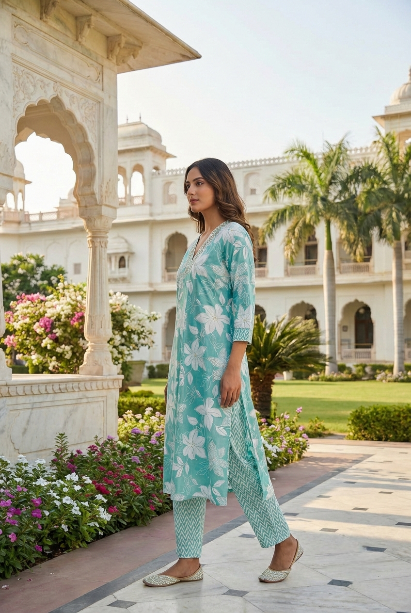 Neerus Green cotton printed kurta set - back view