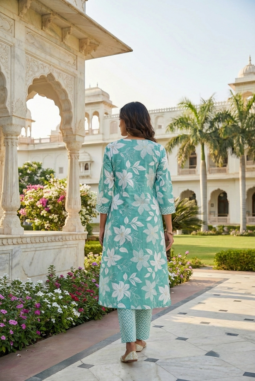 Neerus Green cotton printed kurta set - detail view 1