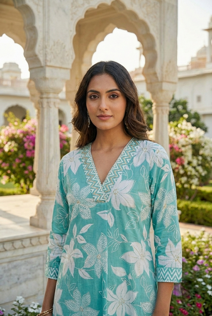 Neerus Green cotton printed kurta set - side view