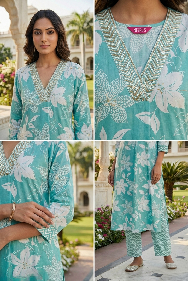 Neerus Green cotton printed kurta set - detail view 2