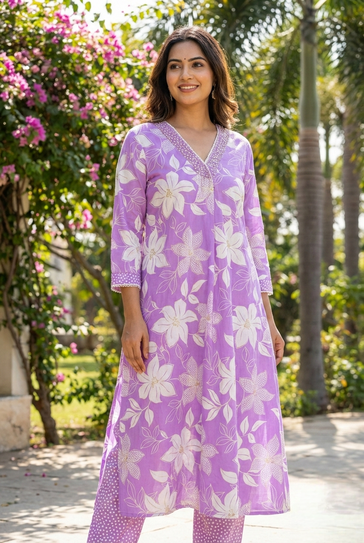 Neerus Purple cotton printed kurta set - detail view 4