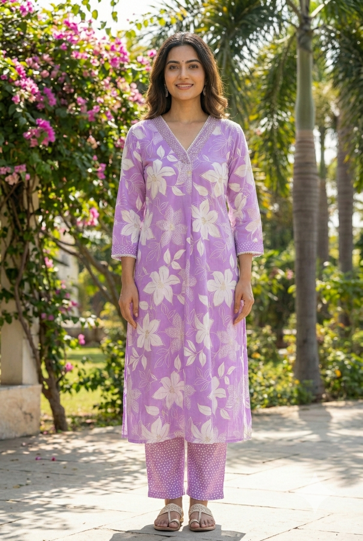 Neerus Purple cotton printed kurta set - back view
