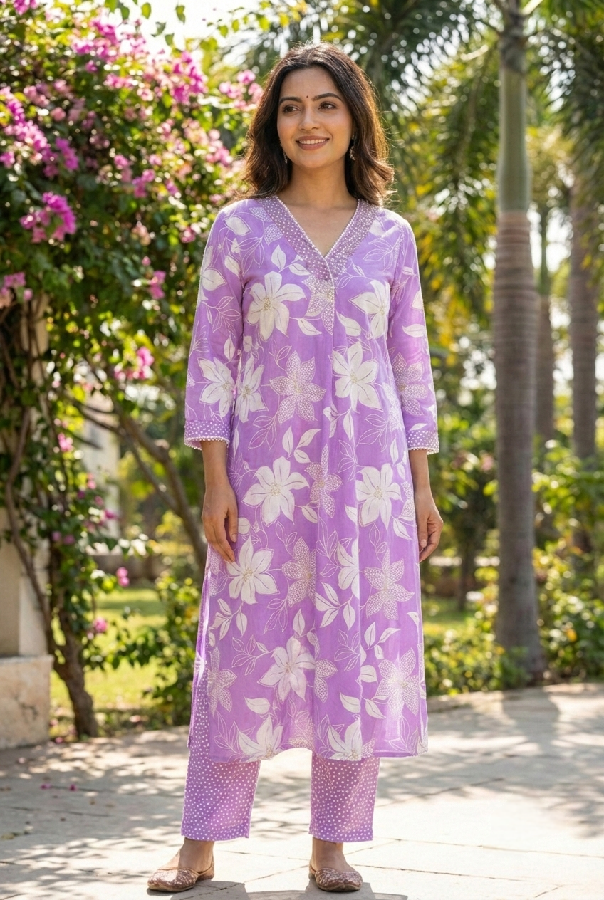 Neerus Purple cotton printed kurta set - front view