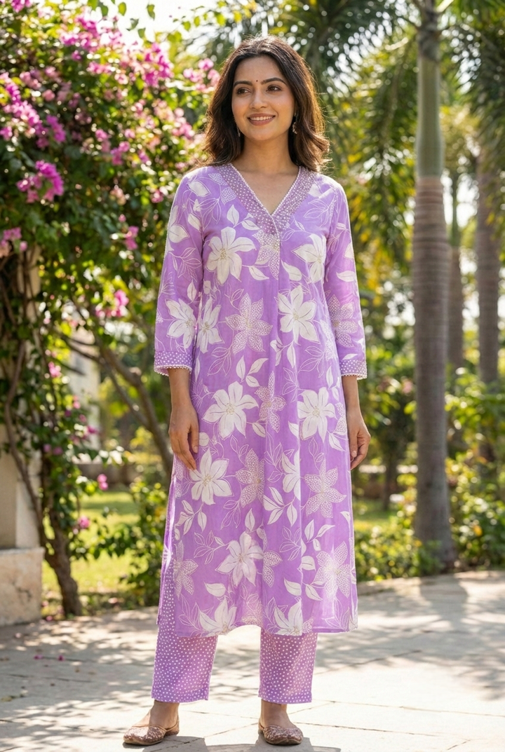 Neerus Purple cotton printed kurta set - front view