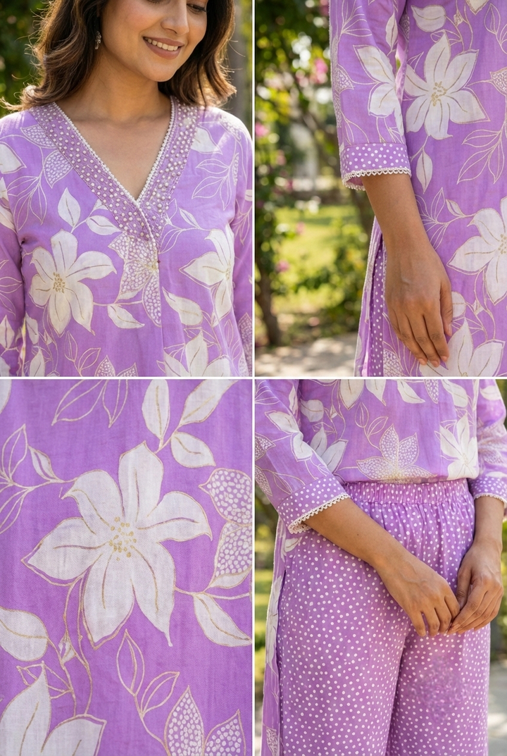 Neerus Purple cotton printed kurta set - detail view 2