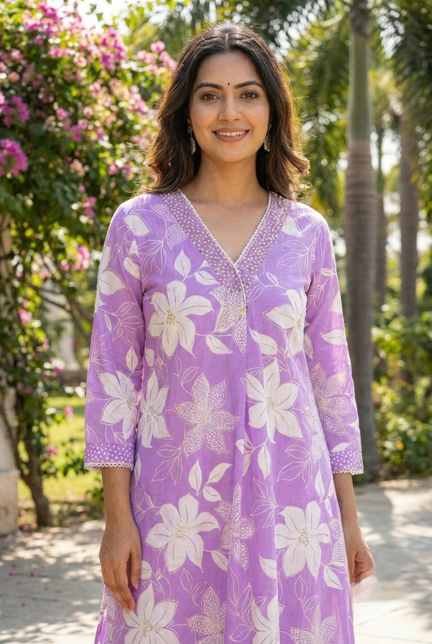 Neerus Purple cotton printed kurta set - detail view 3