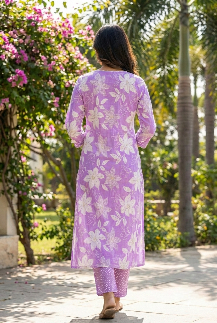 Neerus Purple cotton printed kurta set - detail view 1