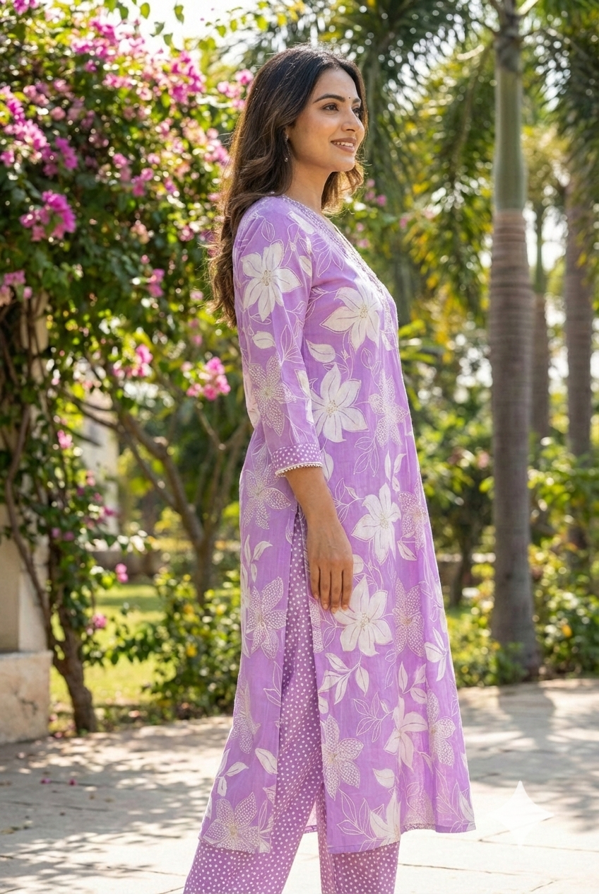 Neerus Purple cotton printed kurta set - side view