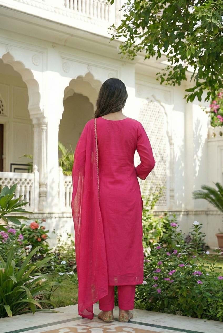 Neerus Pink cotton hand embroidered suit set - side view