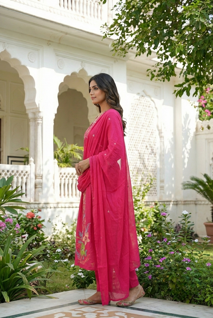 Neerus Pink cotton hand embroidered suit set - back view