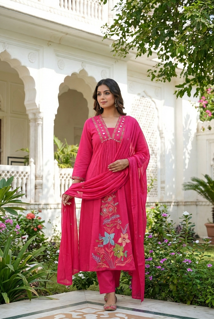Neerus Pink cotton hand embroidered suit set - front view