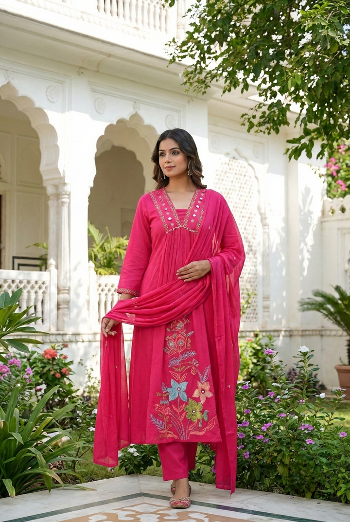 Neerus Pink cotton hand embroidered suit set - front view