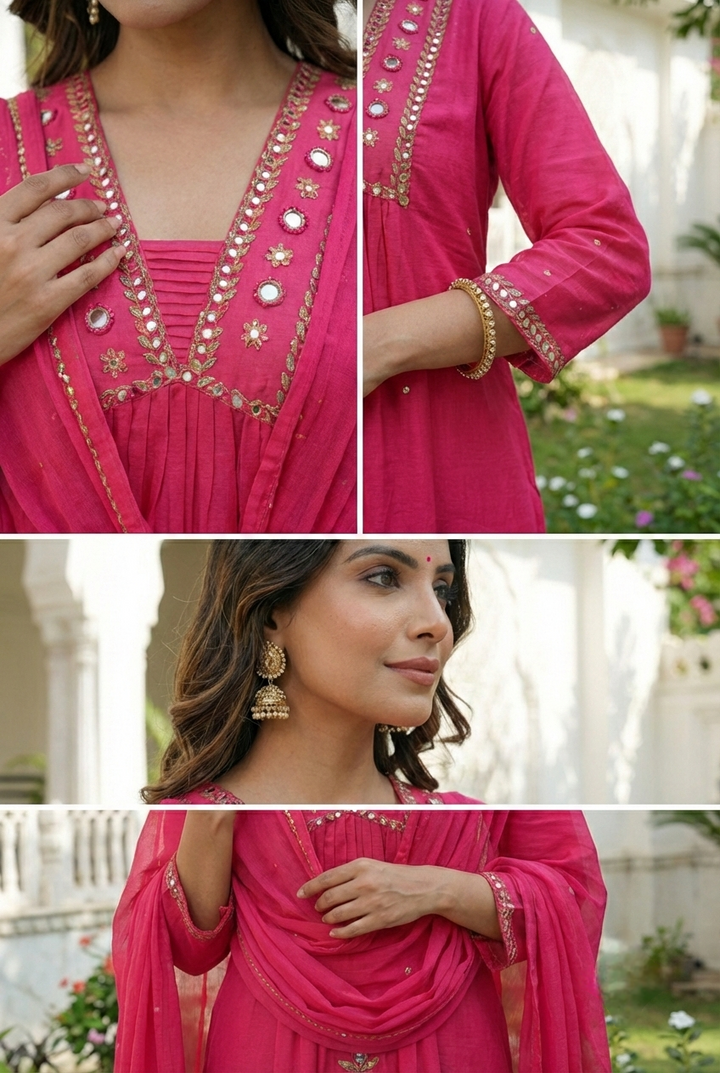 Neerus Pink cotton hand embroidered suit set - detail view 3