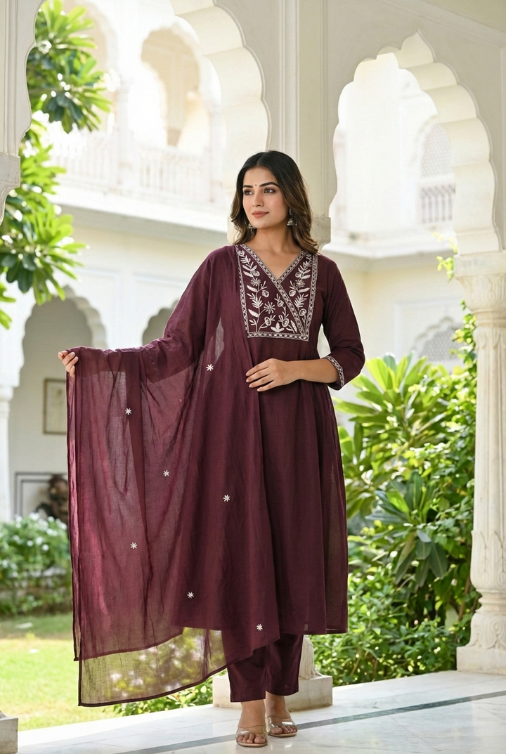 Neerus Brown cotton hand embroidered suit set - front view