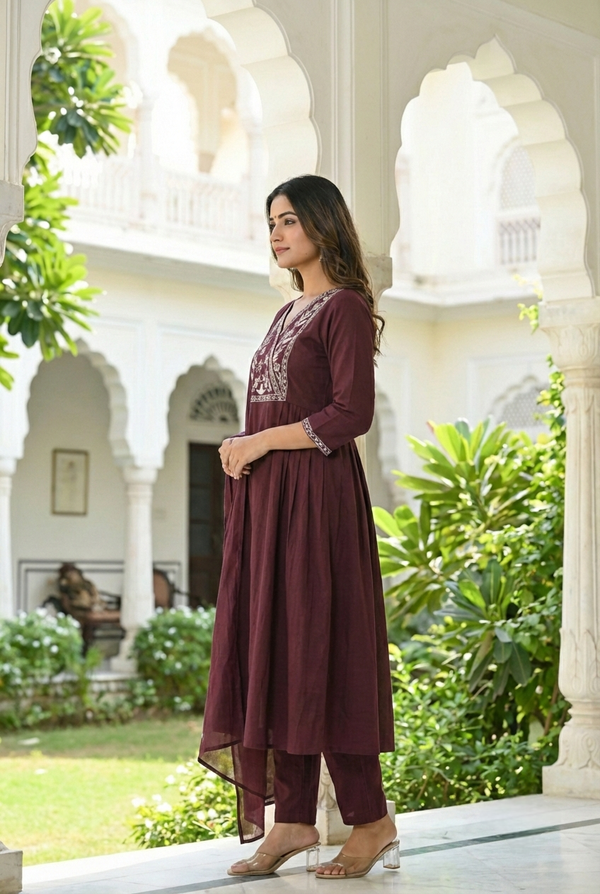 Neerus Brown cotton hand embroidered suit set - side view