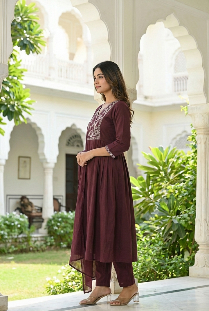 Neerus Brown cotton hand embroidered suit set - side view