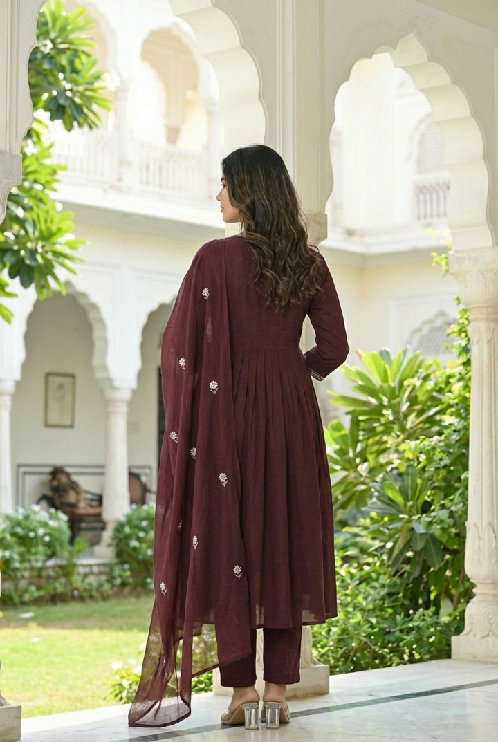 Neerus Brown cotton hand embroidered suit set - detail view 1