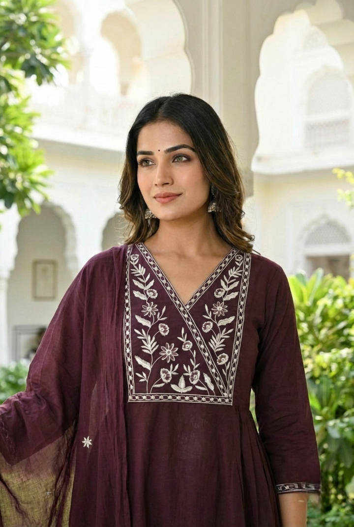 Neerus Brown cotton hand embroidered suit set - back view