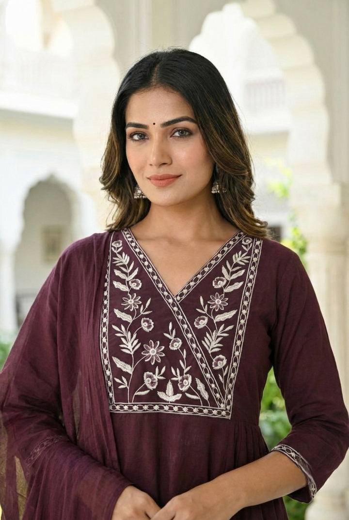 Neerus Brown cotton hand embroidered suit set - detail view 2