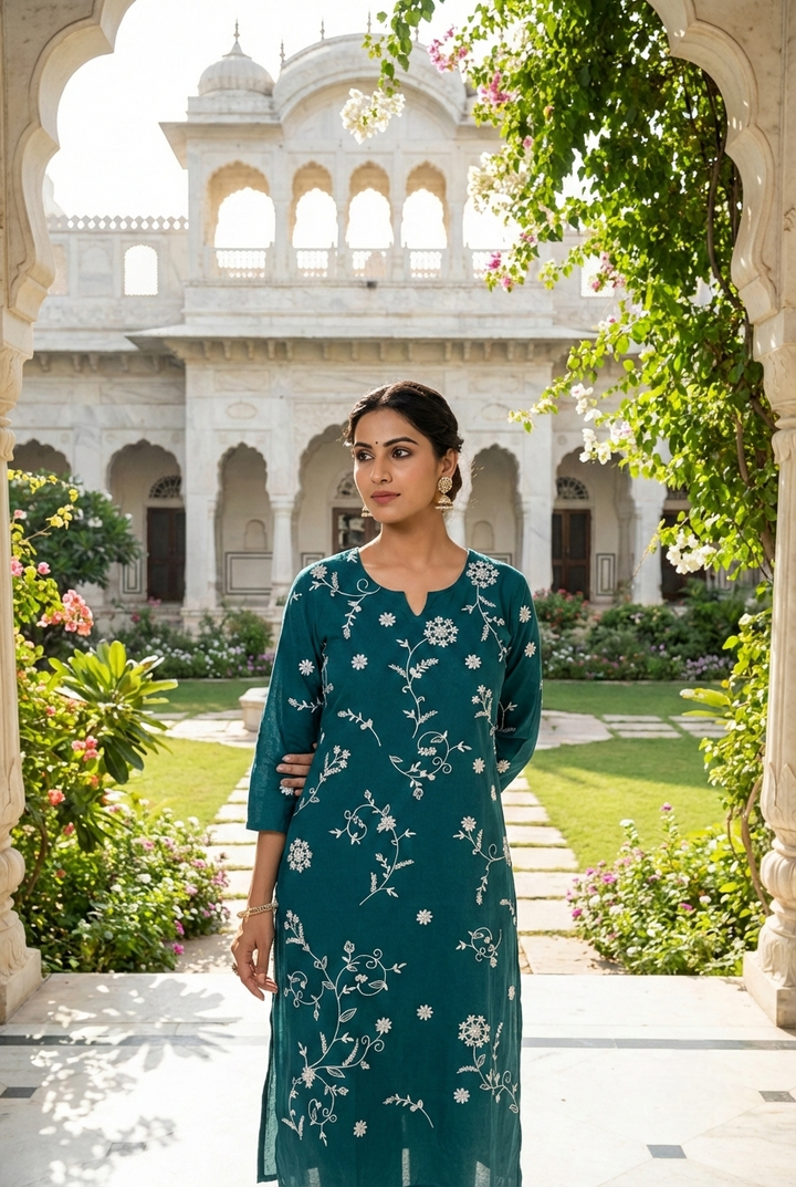 Neerus Green cotton hand embroidered kurta set - detail view 3