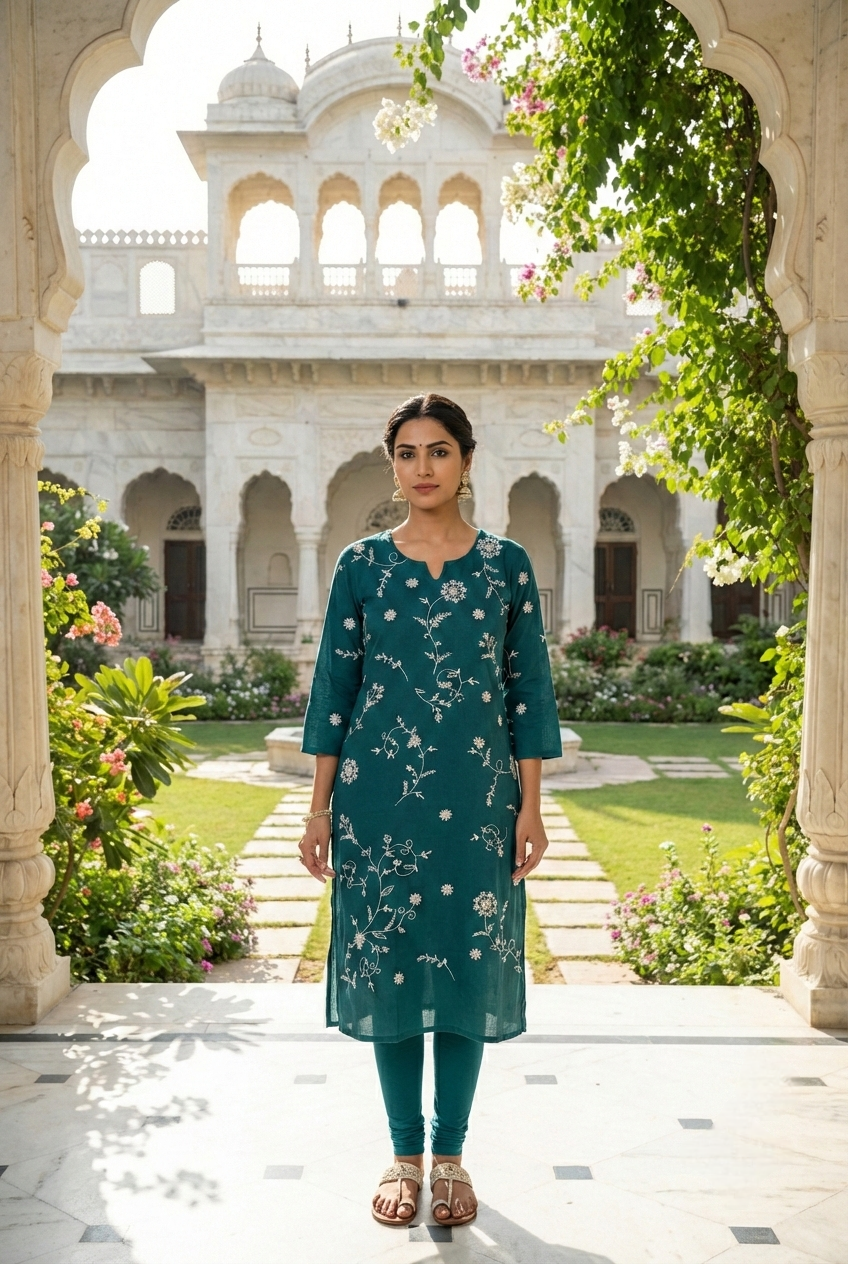 Neerus Green cotton hand embroidered kurta set - front view