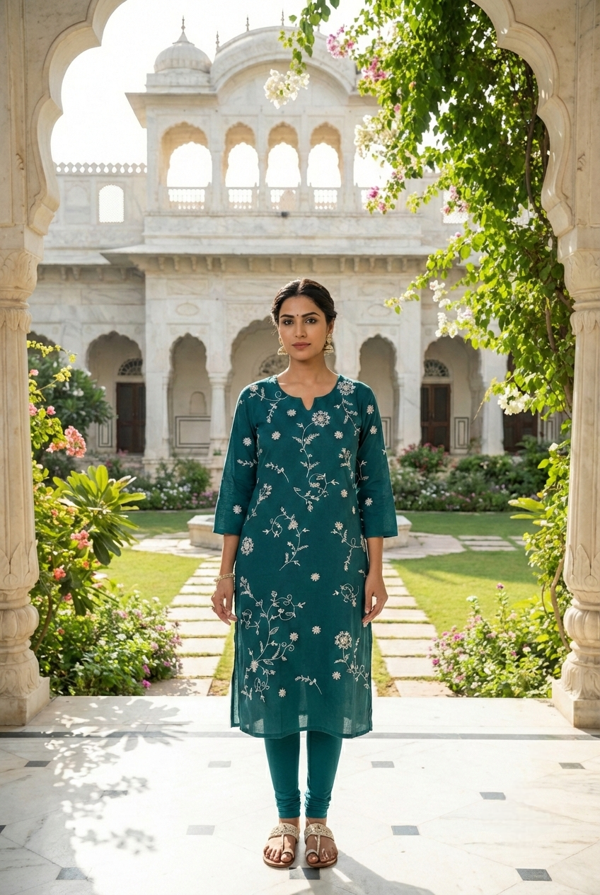 Neerus Green cotton hand embroidered kurta set - detail view 2
