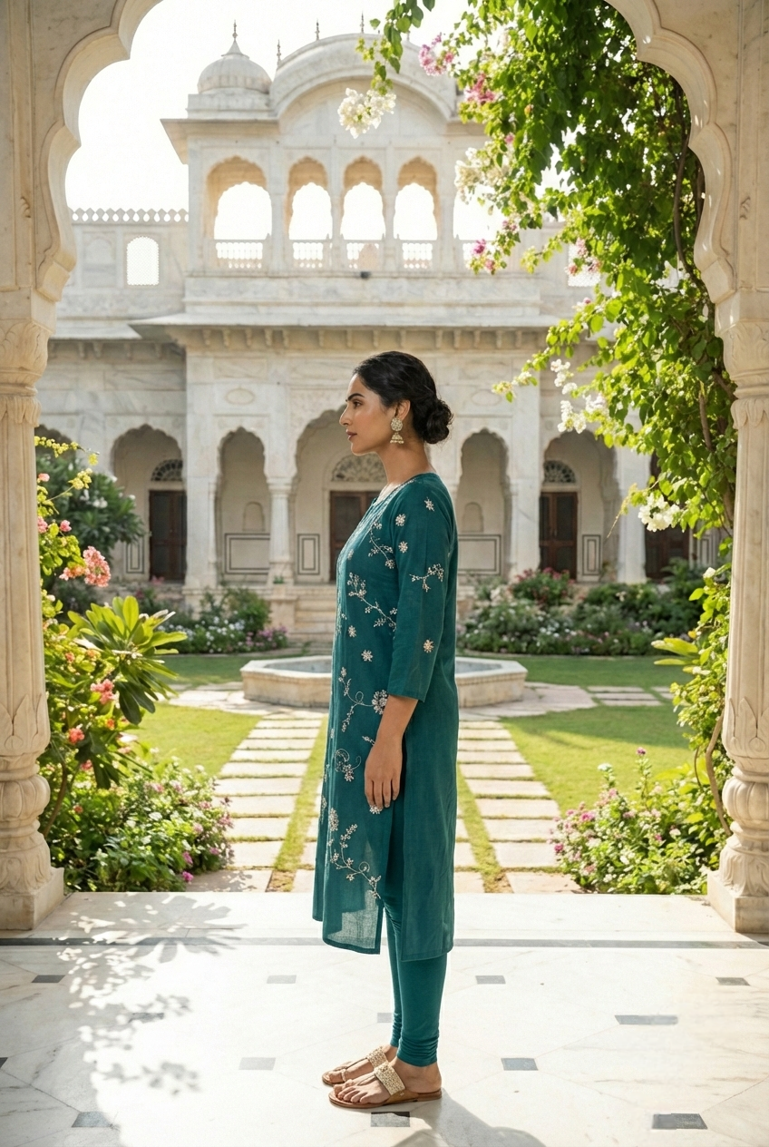 Neerus Green cotton hand embroidered kurta set - back view