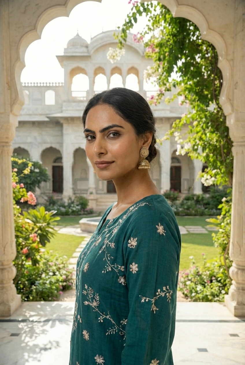 Neerus Green cotton hand embroidered kurta set - detail view 1
