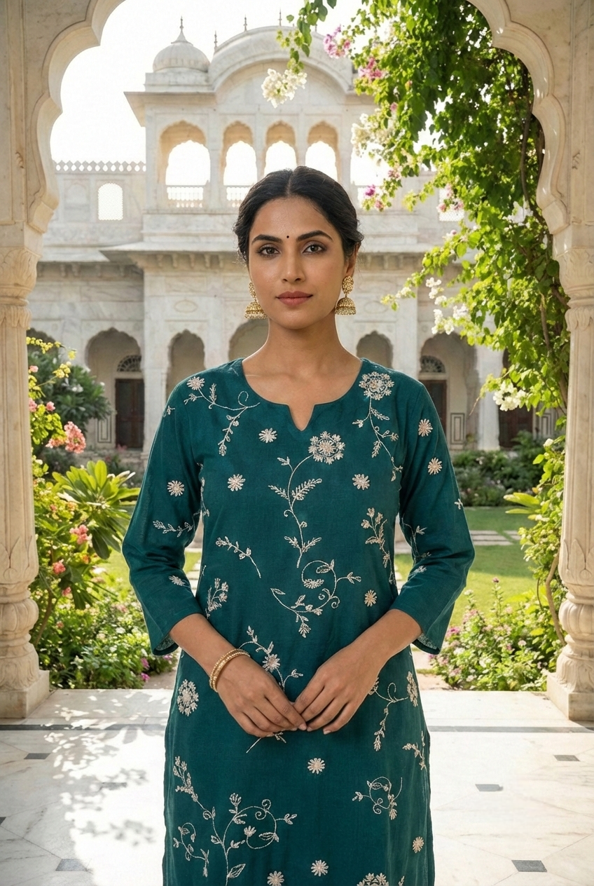 Neerus Green cotton hand embroidered kurta set - side view