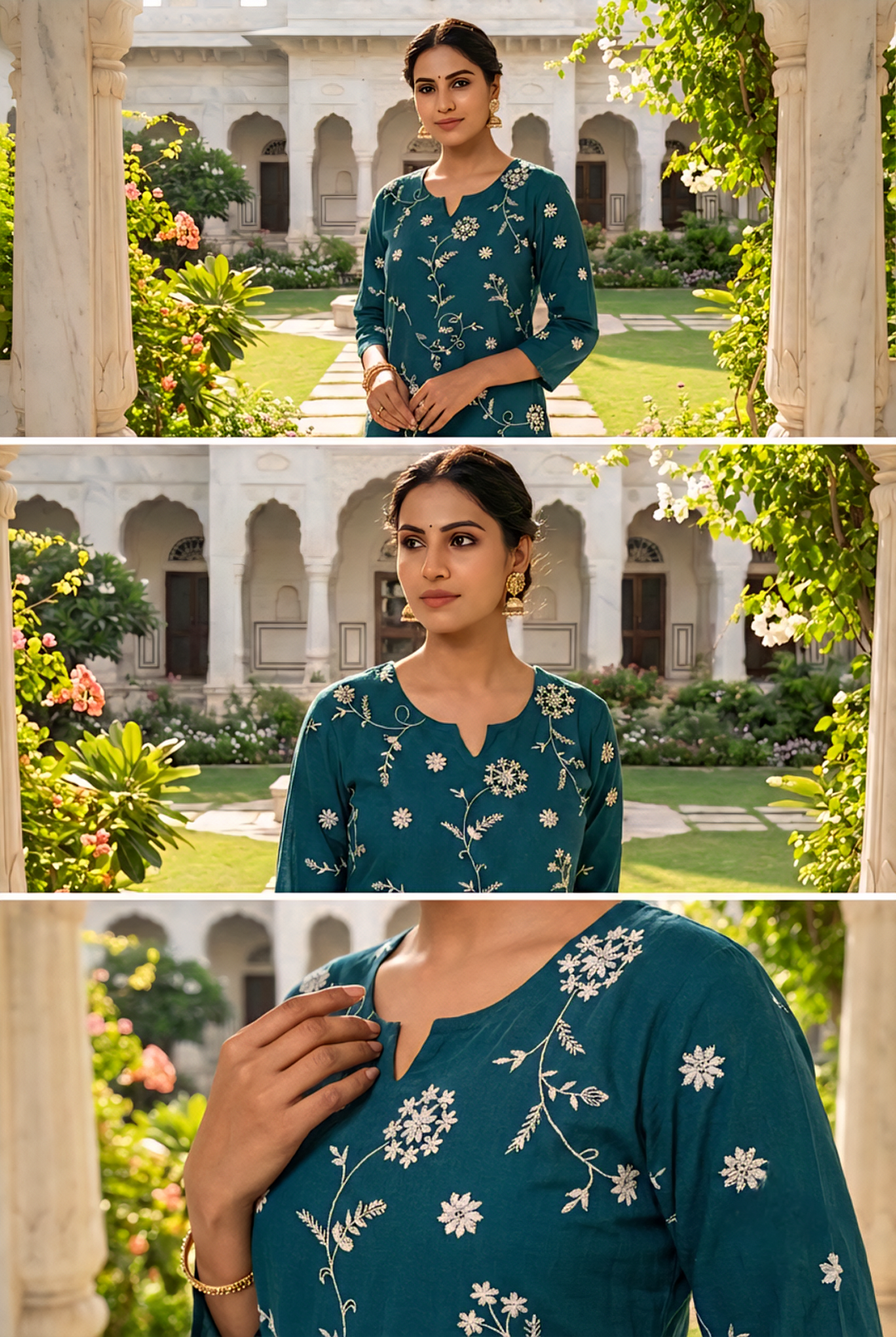 Neerus Green cotton hand embroidered kurta set - detail view 4
