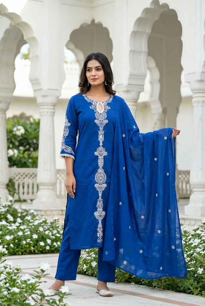 Neerus Blue cotton hand embroidered suit set - front view