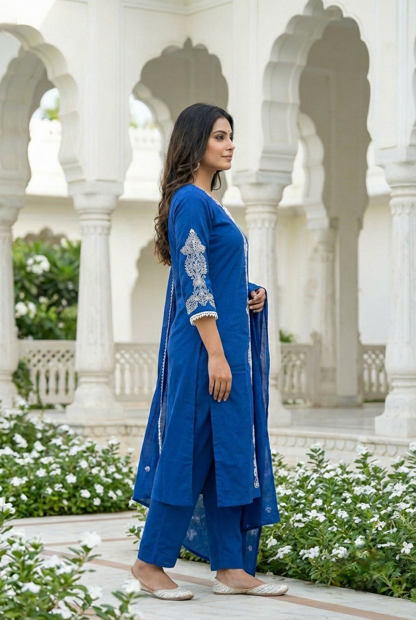 Neerus Blue cotton hand embroidered suit set - detail view 1
