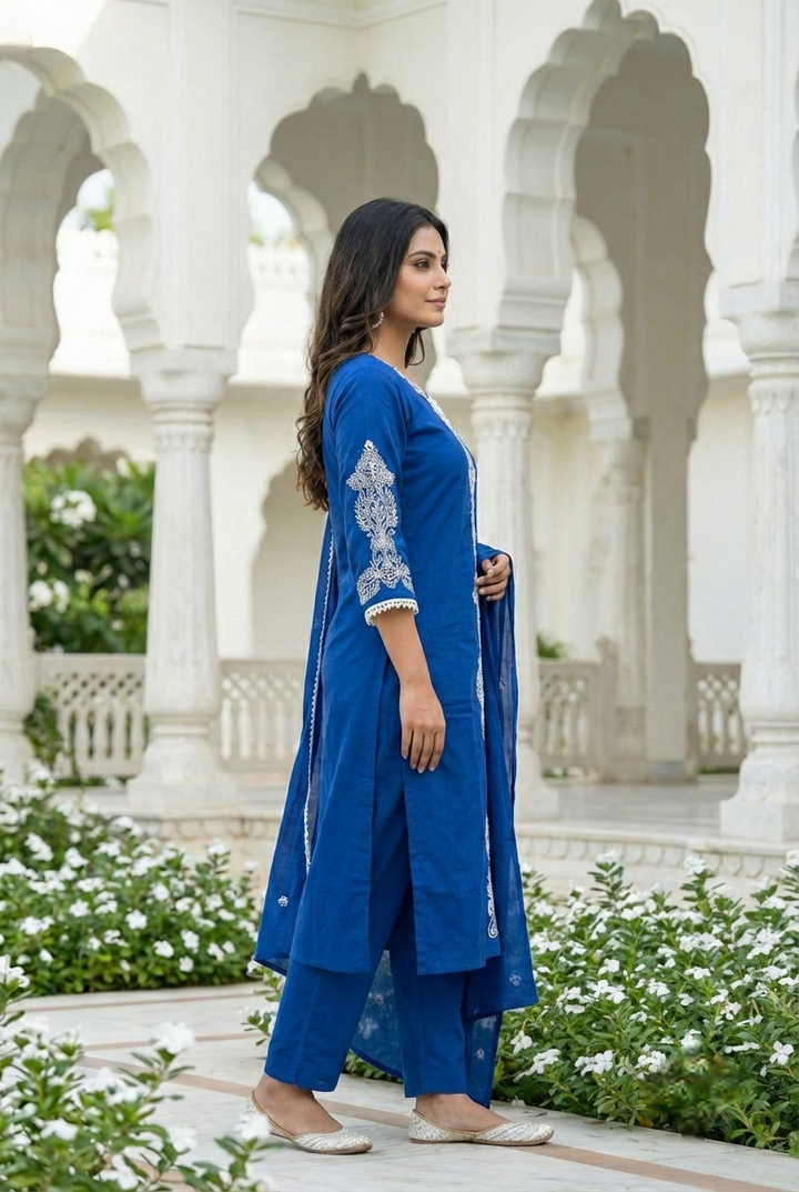 Neerus Blue cotton hand embroidered suit set - detail view 1
