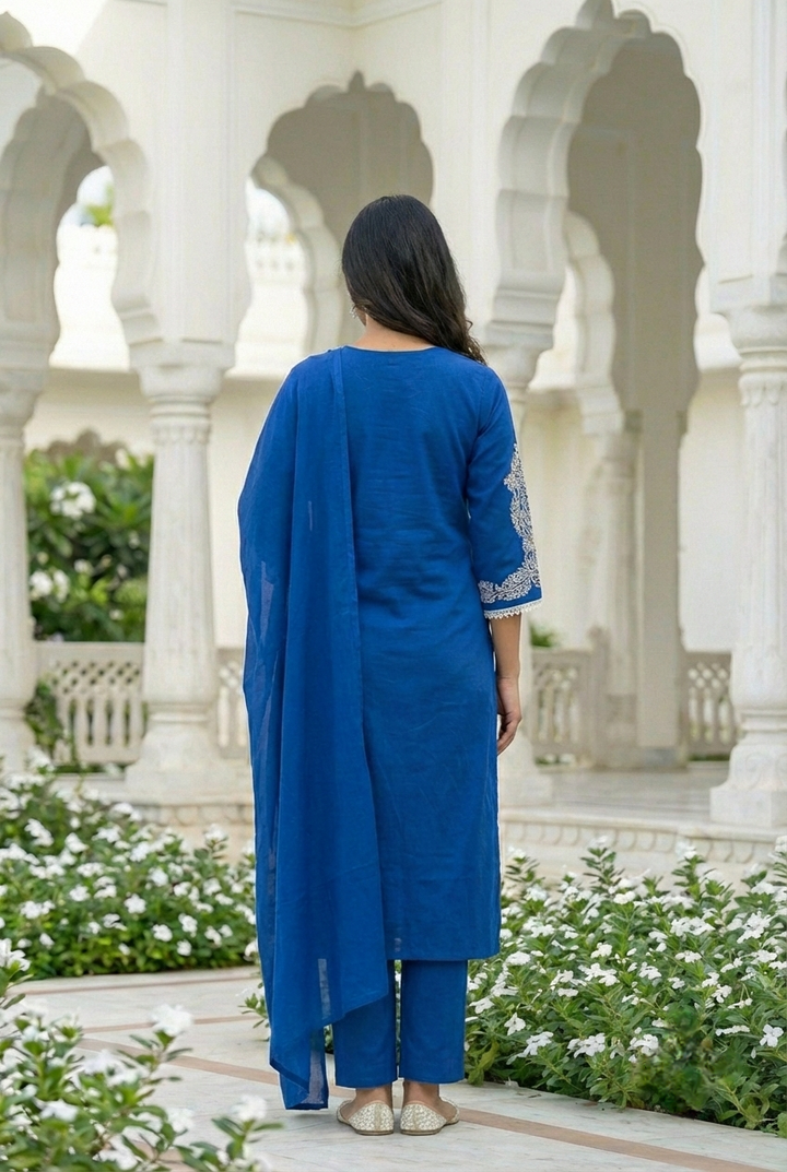 Neerus Blue cotton hand embroidered suit set - side view