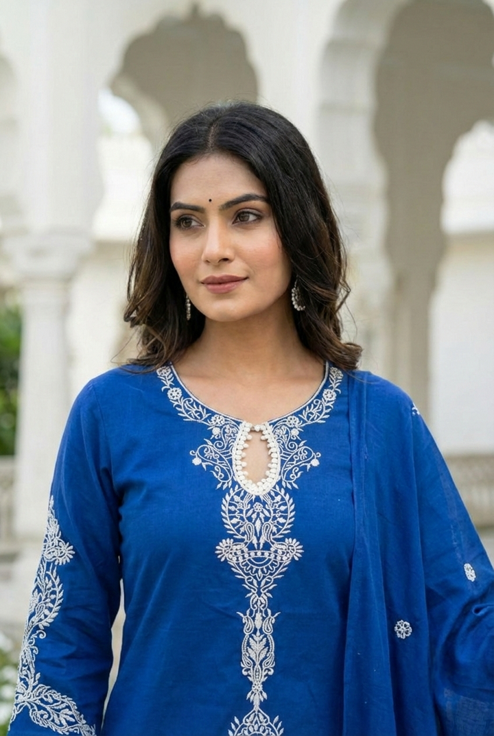 Neerus Blue cotton hand embroidered suit set - detail view 2