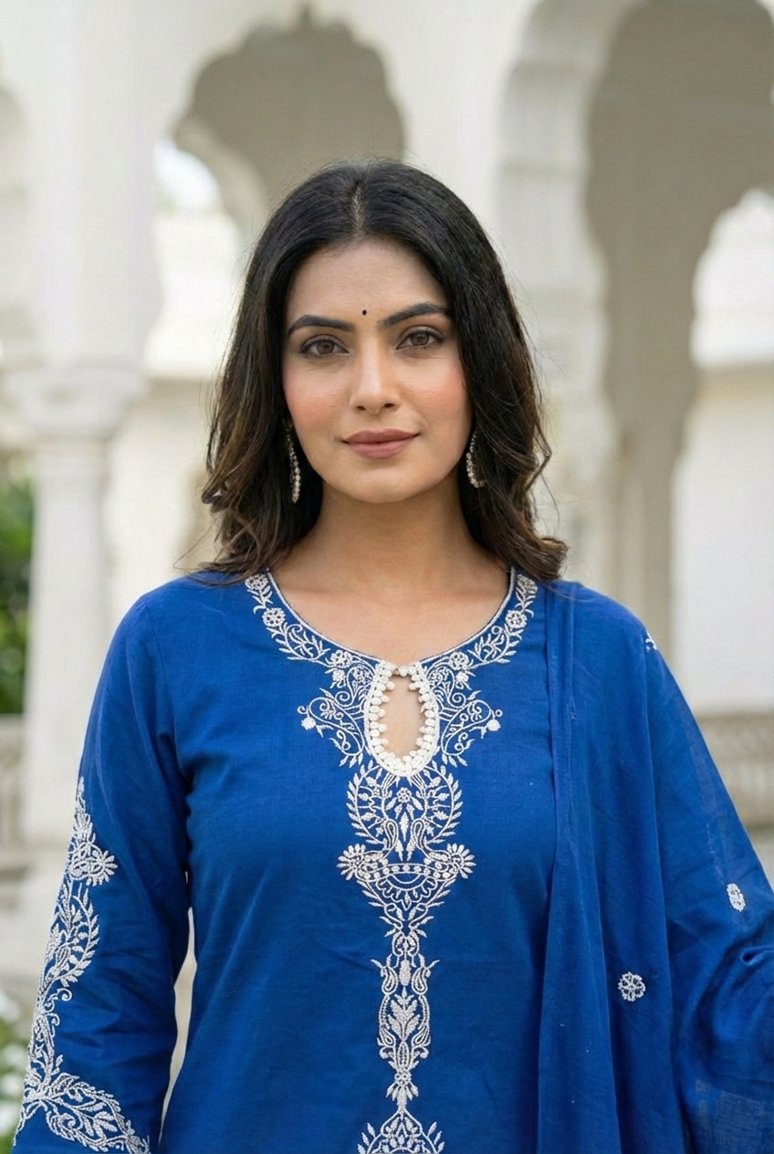 Neerus Blue cotton hand embroidered suit set - back view